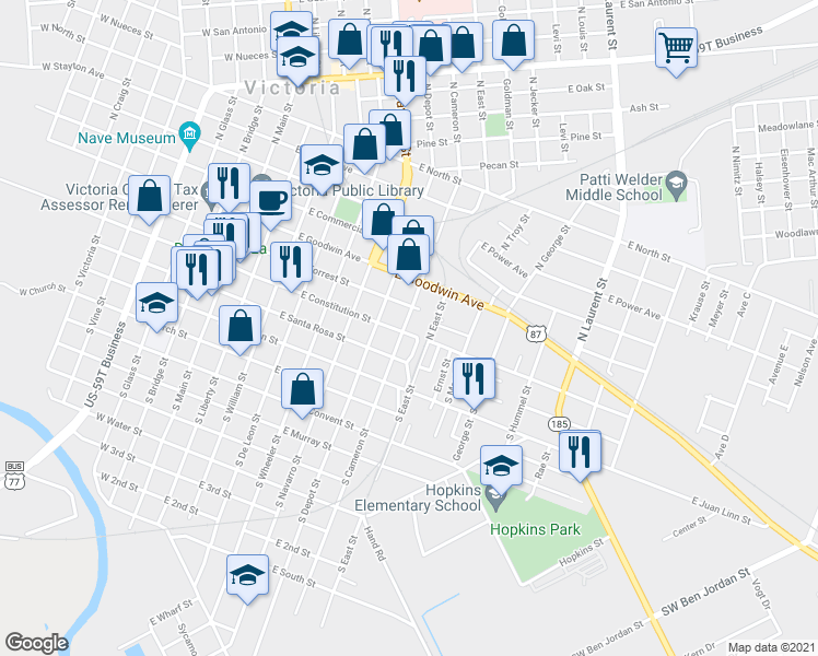 map of restaurants, bars, coffee shops, grocery stores, and more near 102 North Cameron Street in Victoria