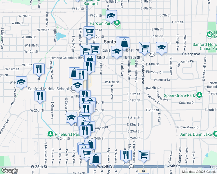 map of restaurants, bars, coffee shops, grocery stores, and more near 208 West 17th Street in Sanford