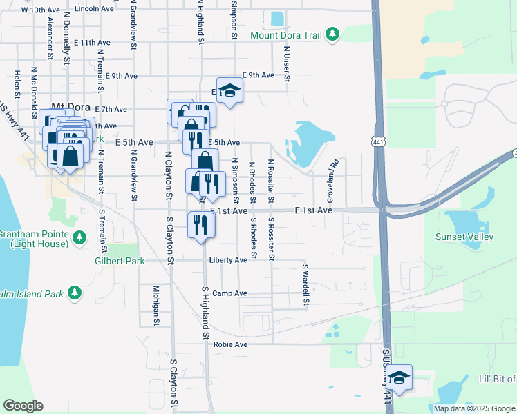 map of restaurants, bars, coffee shops, grocery stores, and more near 1211 East 1st Avenue in Mount Dora