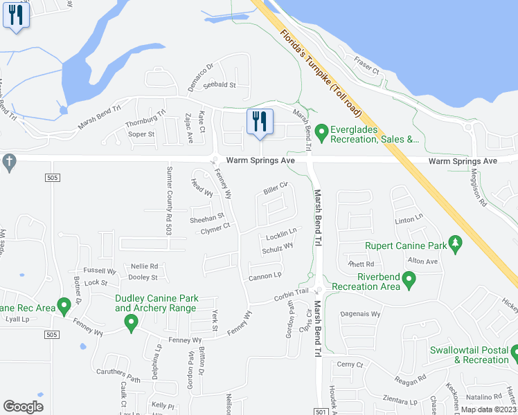 map of restaurants, bars, coffee shops, grocery stores, and more near 2069 Biller Circle in Wildwood