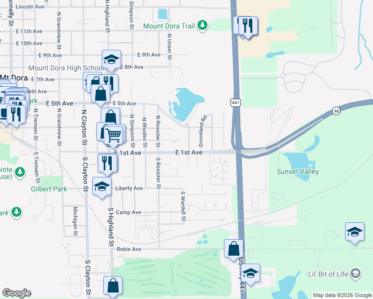 map of restaurants, bars, coffee shops, grocery stores, and more near 1427 East 1st Avenue in Mount Dora