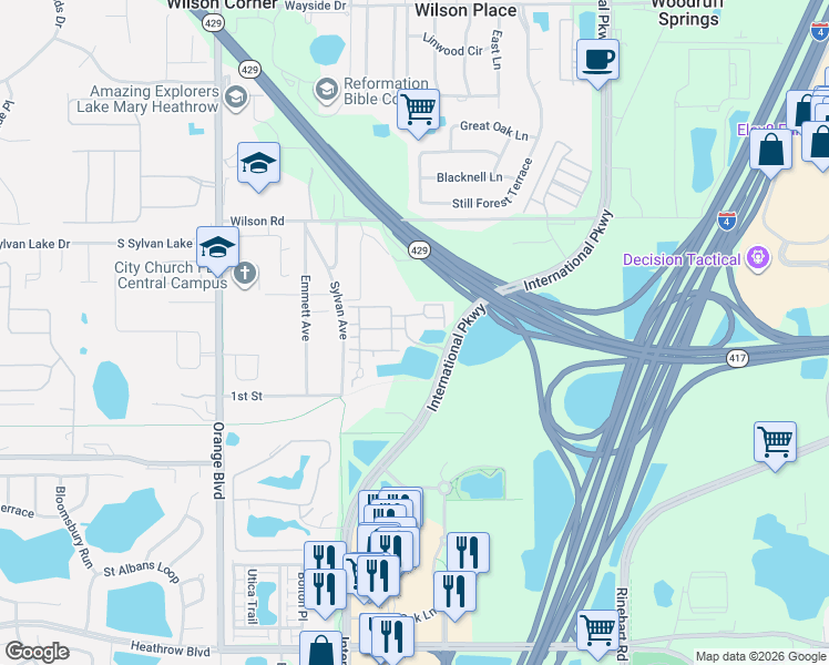 map of restaurants, bars, coffee shops, grocery stores, and more near 1950 Pebble Ridge Lane in Sanford
