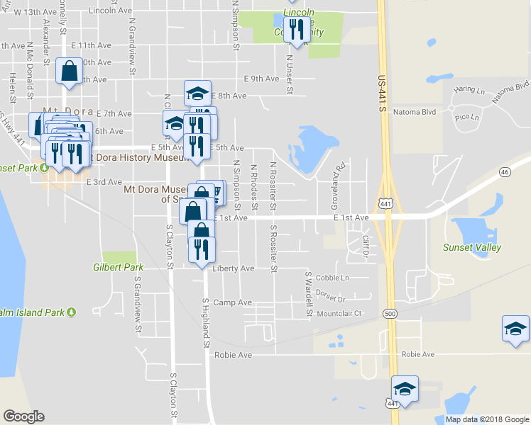map of restaurants, bars, coffee shops, grocery stores, and more near 1225 E 1st Ave in Mt Dora