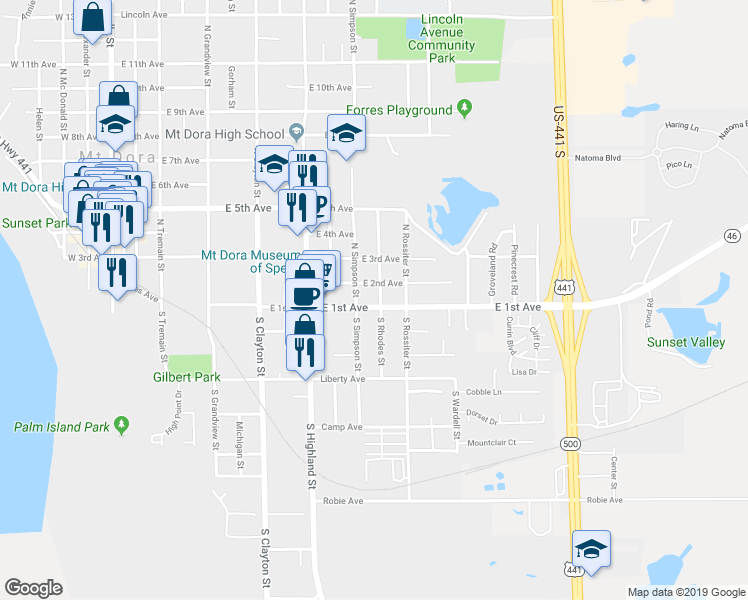 map of restaurants, bars, coffee shops, grocery stores, and more near 1211 East 1st Avenue in Mount Dora