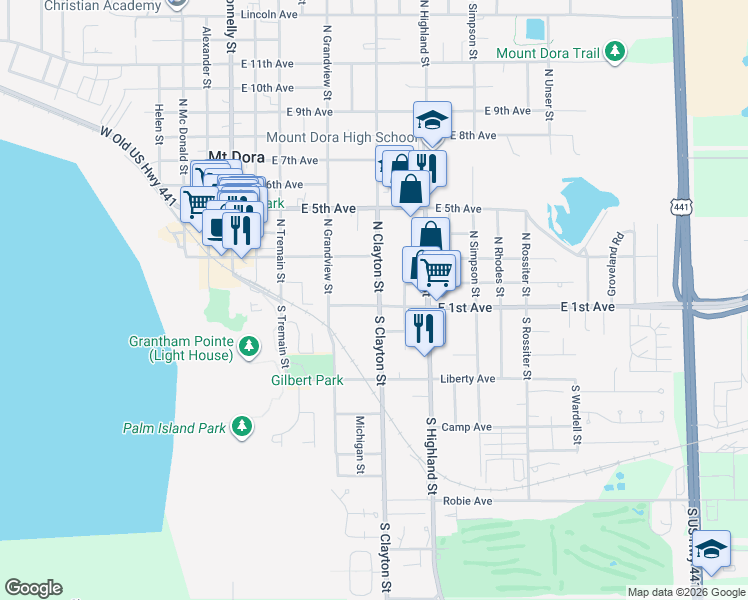 map of restaurants, bars, coffee shops, grocery stores, and more near 633 East 1st Avenue in Mount Dora