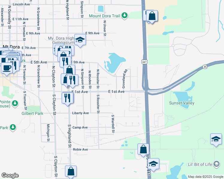 map of restaurants, bars, coffee shops, grocery stores, and more near 1427 East 1st Avenue in Mount Dora