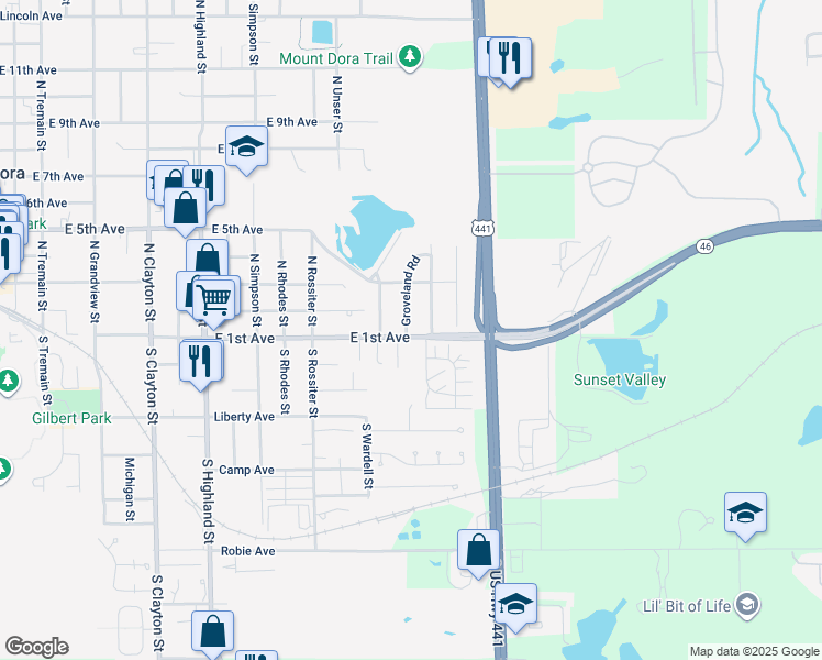 map of restaurants, bars, coffee shops, grocery stores, and more near 1601 East 1st Avenue in Mount Dora