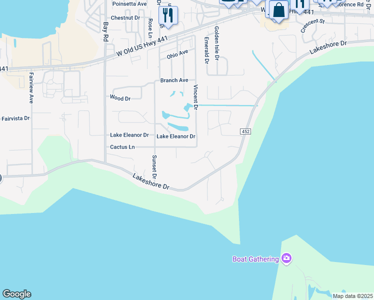 map of restaurants, bars, coffee shops, grocery stores, and more near 3594 Cactus Lane in Mount Dora