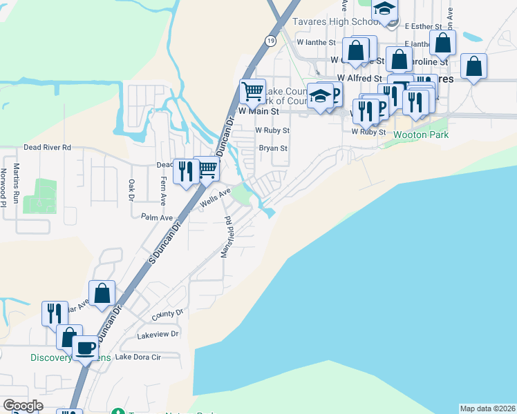 map of restaurants, bars, coffee shops, grocery stores, and more near 609 Homer Street in Tavares