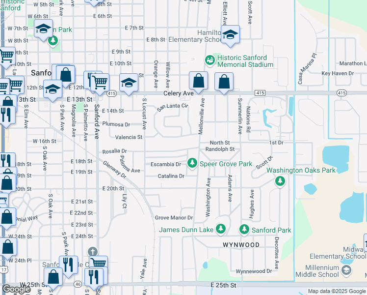 map of restaurants, bars, coffee shops, grocery stores, and more near 838 Rosalia Drive in Sanford
