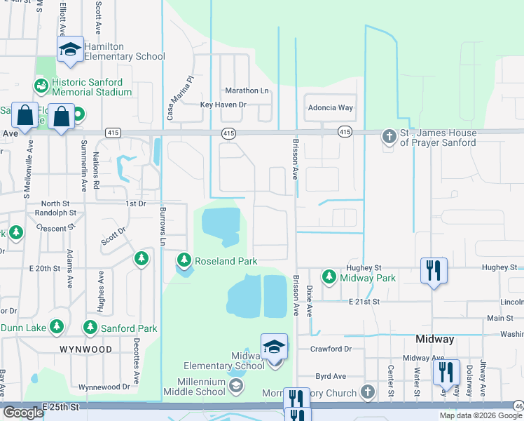 map of restaurants, bars, coffee shops, grocery stores, and more near 440 Fairfield Drive in Sanford