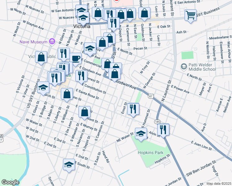map of restaurants, bars, coffee shops, grocery stores, and more near 102 North Cameron Street in Victoria