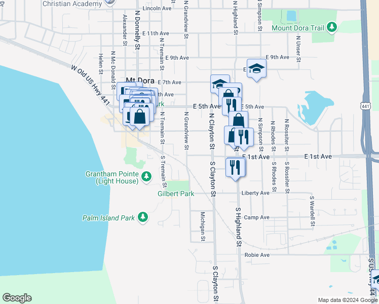 map of restaurants, bars, coffee shops, grocery stores, and more near 104 North Grandview Street in Mount Dora
