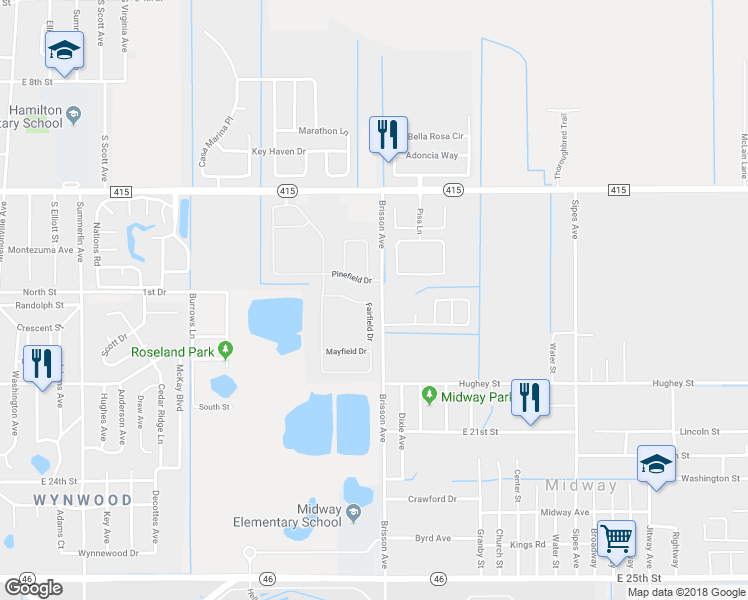 map of restaurants, bars, coffee shops, grocery stores, and more near 417 Fairfield Drive in Sanford