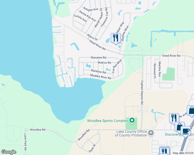 map of restaurants, bars, coffee shops, grocery stores, and more near 3211 Myakka River Road in Tavares