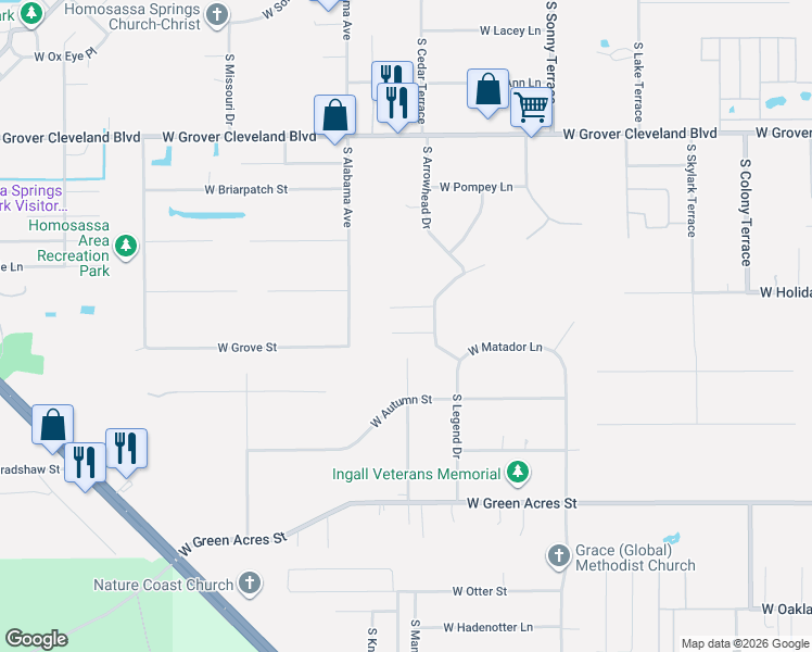 map of restaurants, bars, coffee shops, grocery stores, and more near 7417 West Kendale Court in Homosassa