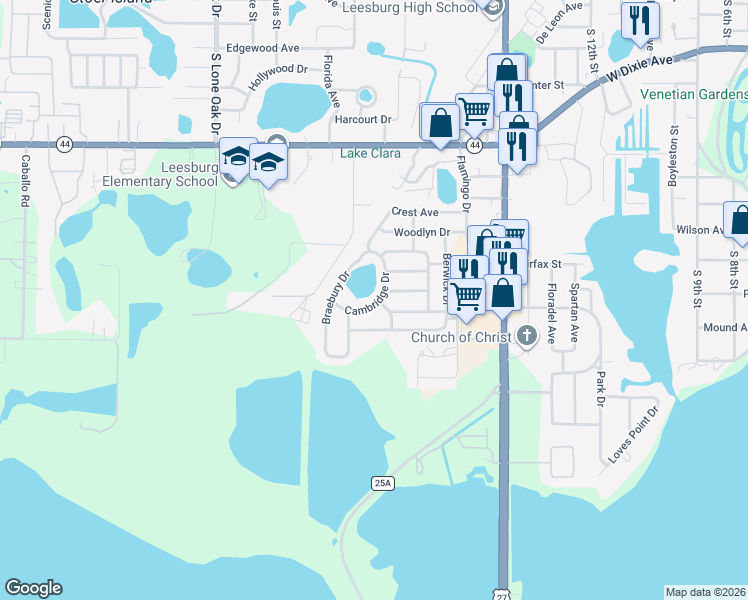 map of restaurants, bars, coffee shops, grocery stores, and more near 1323 Cambridge Drive in Leesburg