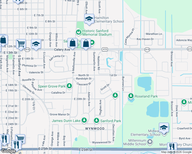 map of restaurants, bars, coffee shops, grocery stores, and more near 1807 South Summerlin Avenue in Sanford
