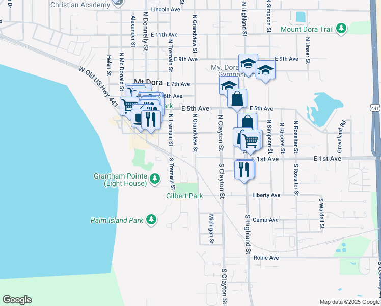 map of restaurants, bars, coffee shops, grocery stores, and more near 101 N Grandview St in Mt Dora