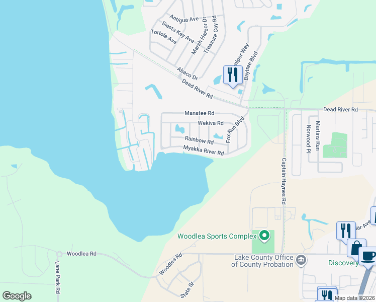 map of restaurants, bars, coffee shops, grocery stores, and more near 3211 Myakka River Road in Tavares