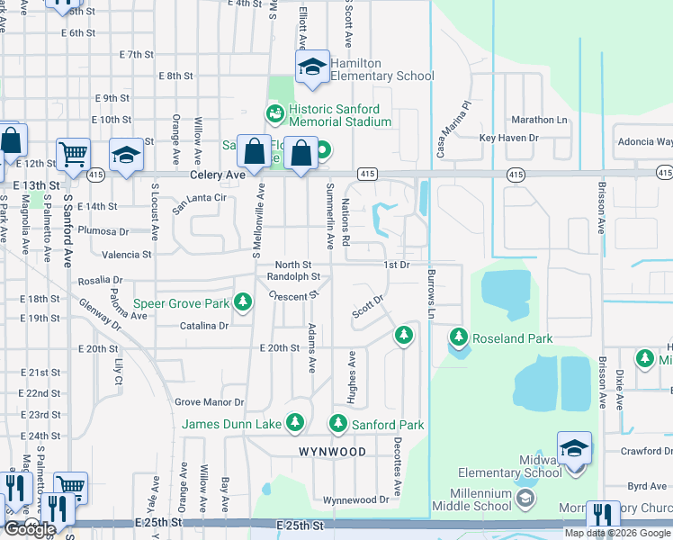 map of restaurants, bars, coffee shops, grocery stores, and more near 1807 South Summerlin Avenue in Sanford