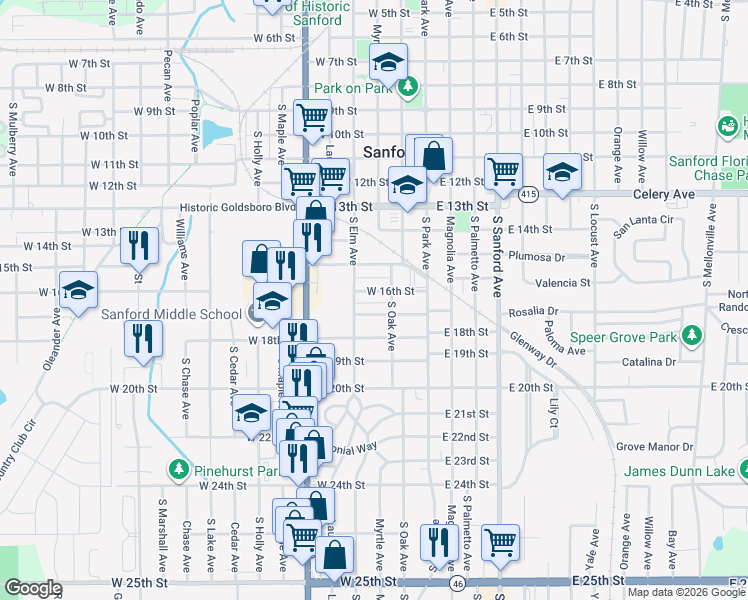 map of restaurants, bars, coffee shops, grocery stores, and more near 208 West 17th Street in Sanford