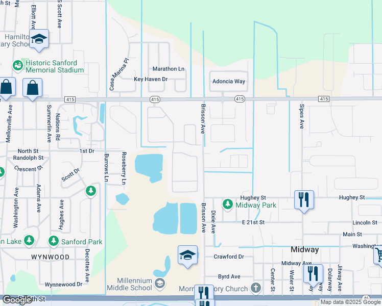 map of restaurants, bars, coffee shops, grocery stores, and more near 422 Fairfield Drive in Sanford