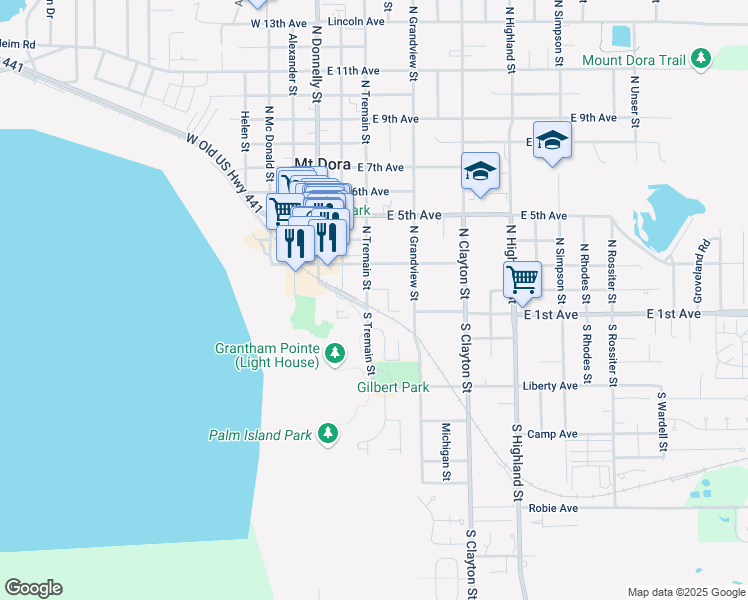 map of restaurants, bars, coffee shops, grocery stores, and more near 110 North Tremain Street in Mount Dora