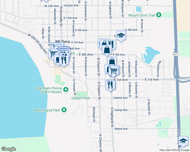 map of restaurants, bars, coffee shops, grocery stores, and more near 619 East 1st Avenue in Mount Dora