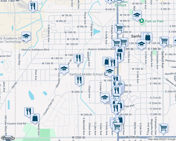 map of restaurants, bars, coffee shops, grocery stores, and more near 1011 West 16th Street in Sanford