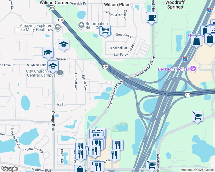 map of restaurants, bars, coffee shops, grocery stores, and more near 1901 Edgebrook Circle in Sanford