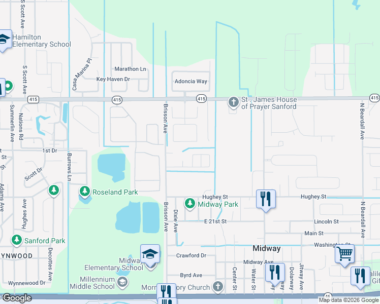 map of restaurants, bars, coffee shops, grocery stores, and more near 2612 Daffadil Terrace in Sanford