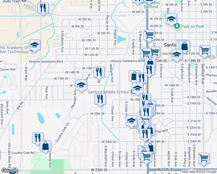 map of restaurants, bars, coffee shops, grocery stores, and more near 1011 West 16th Street in Sanford