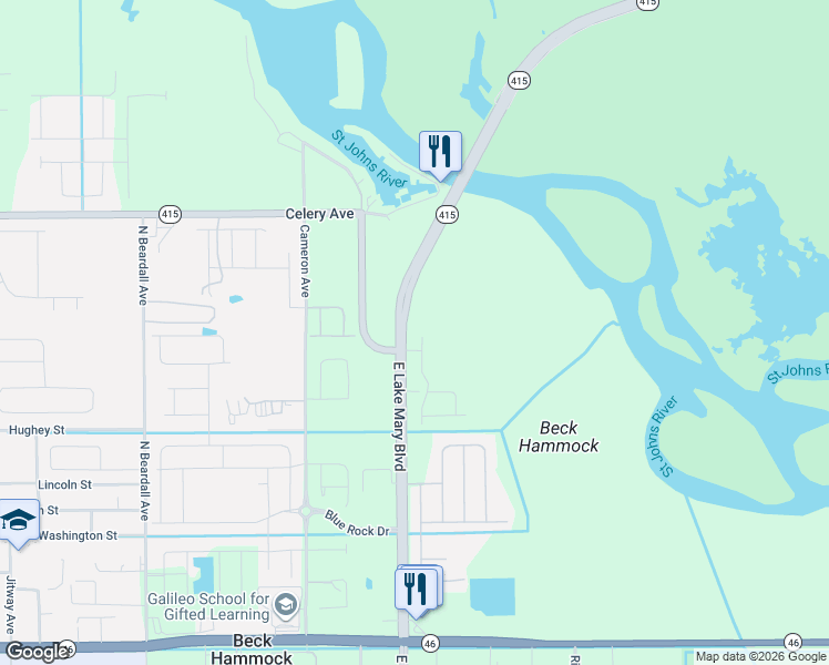 map of restaurants, bars, coffee shops, grocery stores, and more near 2410 State Route 415 in Sanford