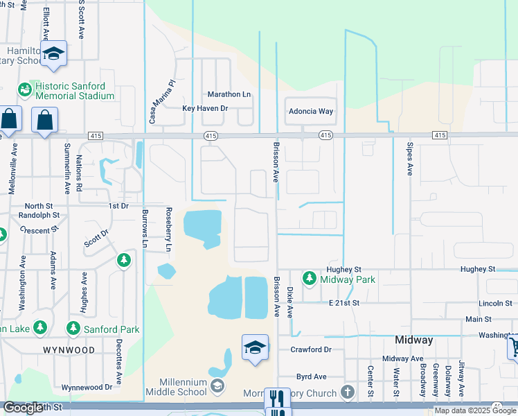 map of restaurants, bars, coffee shops, grocery stores, and more near 422 Fairfield Drive in Sanford