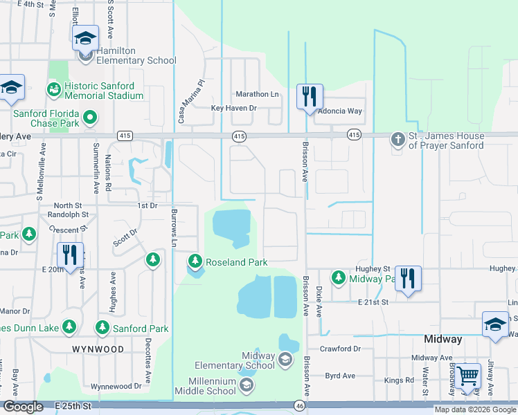 map of restaurants, bars, coffee shops, grocery stores, and more near 311 Fairfield Drive in Sanford