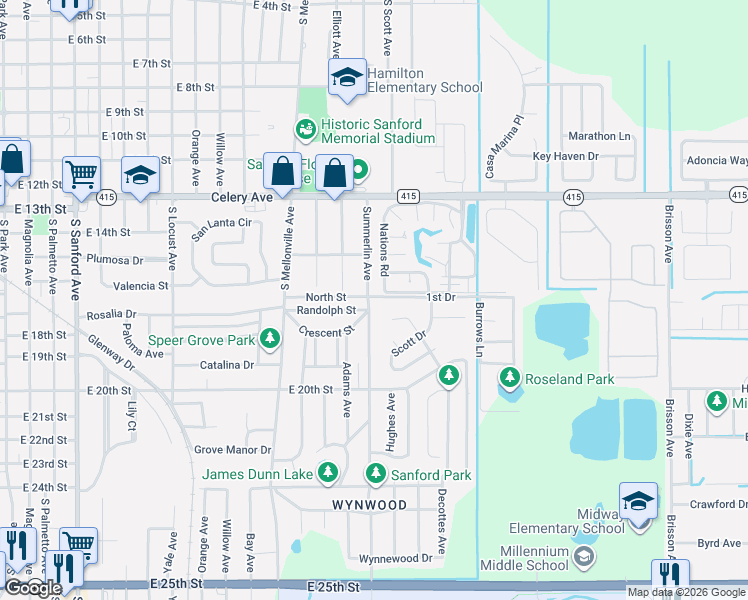 map of restaurants, bars, coffee shops, grocery stores, and more near 1807 South Summerlin Avenue in Sanford