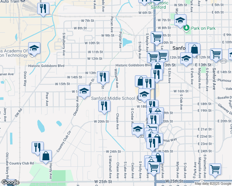 map of restaurants, bars, coffee shops, grocery stores, and more near 1011 West 16th Street in Sanford