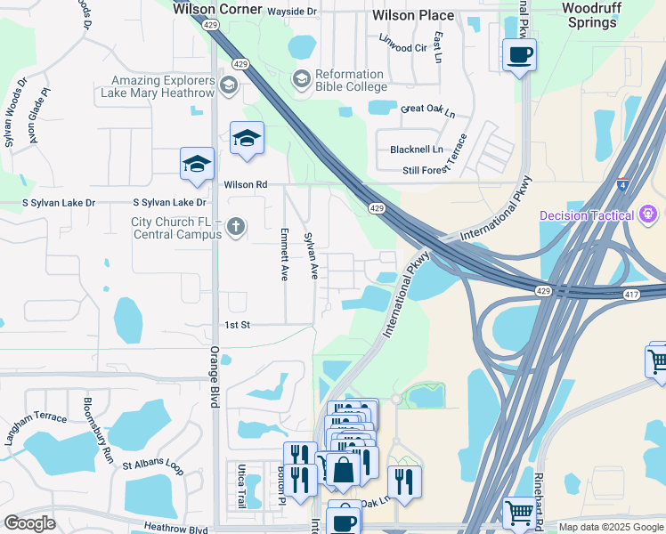 map of restaurants, bars, coffee shops, grocery stores, and more near 5033 Carnegie Lane in Sanford