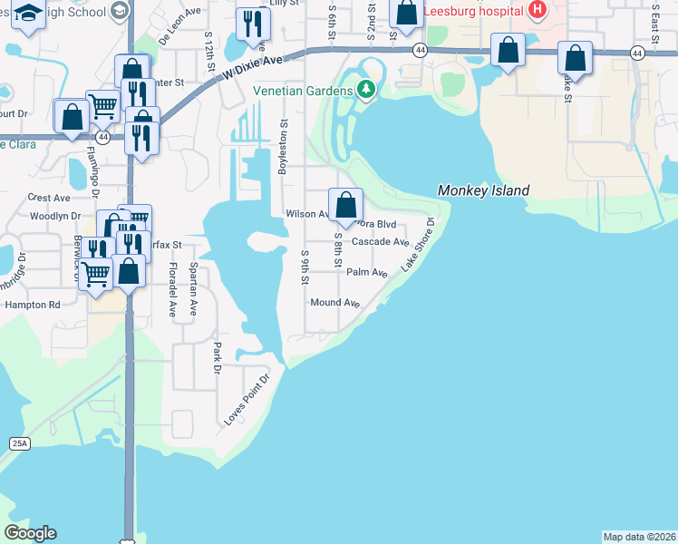 map of restaurants, bars, coffee shops, grocery stores, and more near 1300 South 8th Street in Leesburg