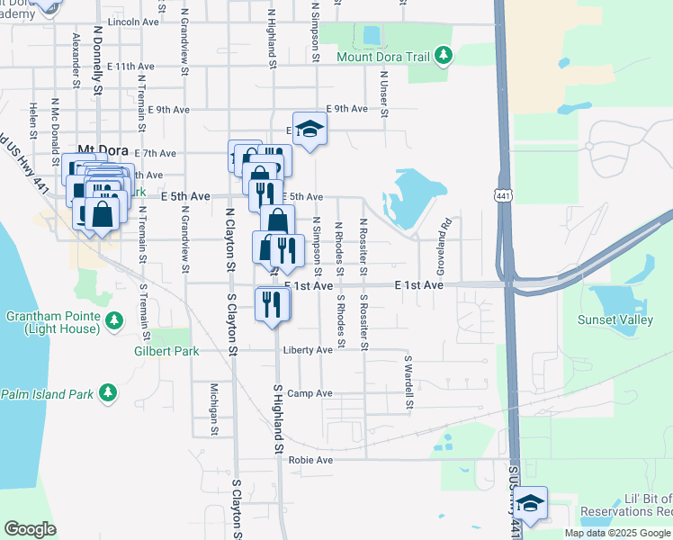 map of restaurants, bars, coffee shops, grocery stores, and more near 1211 East 1st Avenue in Mount Dora
