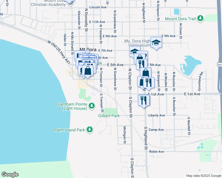 map of restaurants, bars, coffee shops, grocery stores, and more near 104 North Grandview Street in Mount Dora