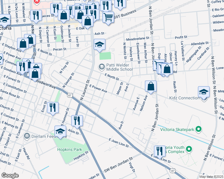 map of restaurants, bars, coffee shops, grocery stores, and more near 503 Krause Street in Victoria