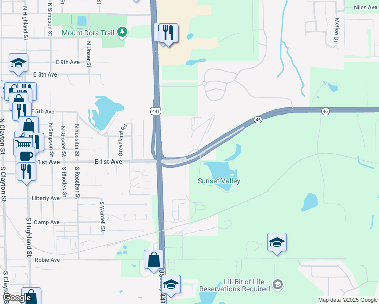 map of restaurants, bars, coffee shops, grocery stores, and more near 425 Veranda Way in Mount Dora