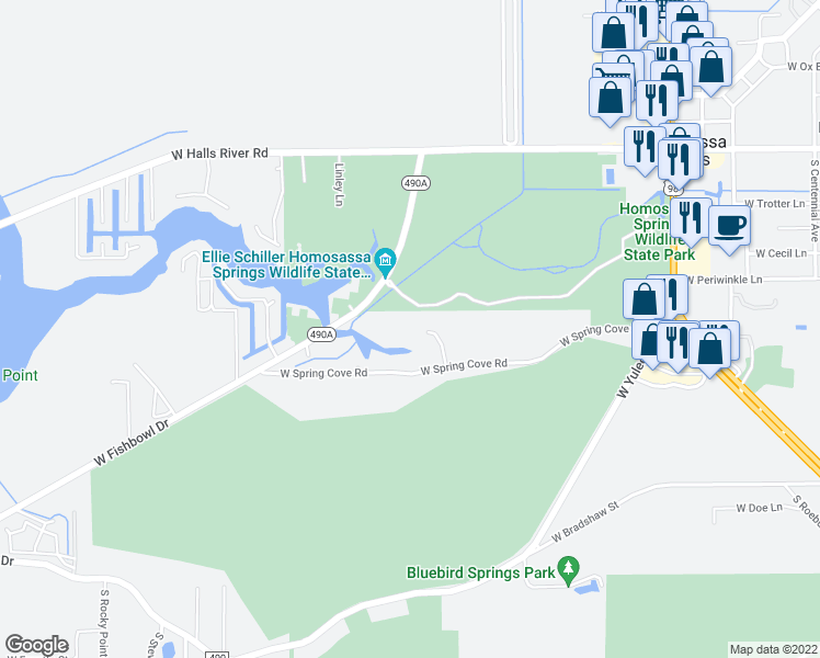map of restaurants, bars, coffee shops, grocery stores, and more near 4450 South Wandering Path in Homosassa