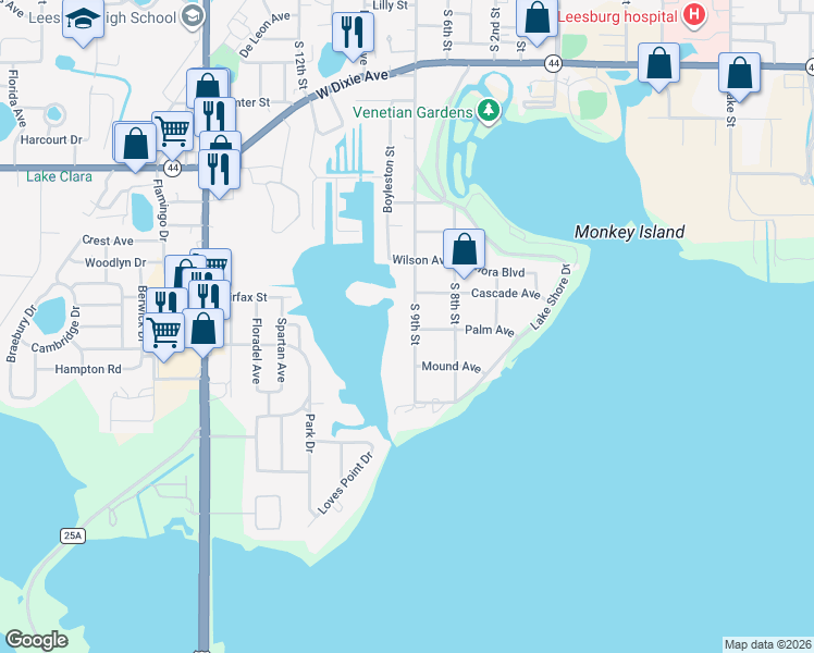 map of restaurants, bars, coffee shops, grocery stores, and more near 1215 South 9th Street in Leesburg
