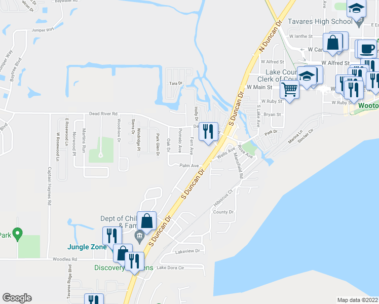 map of restaurants, bars, coffee shops, grocery stores, and more near 585 Fern Avenue in Tavares
