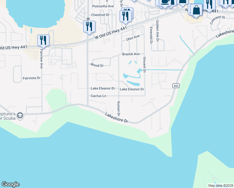 map of restaurants, bars, coffee shops, grocery stores, and more near 3923 Cactus Lane in Mount Dora