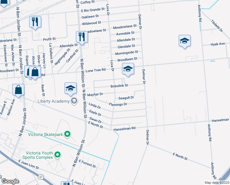 map of restaurants, bars, coffee shops, grocery stores, and more near 1301 Lova Drive in Victoria