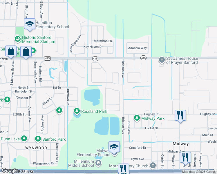 map of restaurants, bars, coffee shops, grocery stores, and more near 440 Fairfield Drive in Sanford